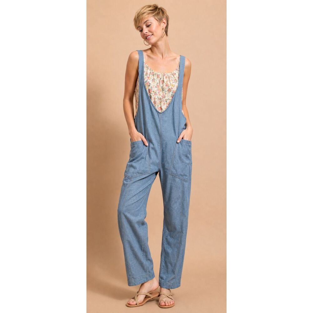 New GIGIO L 12 14 Blue Cotton Chambray Jumpsuit Front Pockets Adjustable Straps - Picture 3 of 9